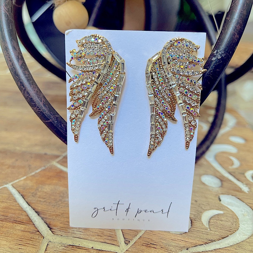 Gold Rhinestone Feather Statement Earrings – Crystal Wing Earrings